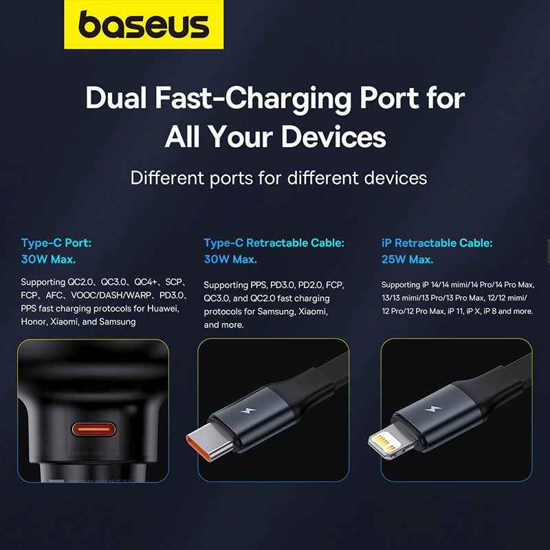 Baseus Enjoyment Pro Car Charger C+Retractable iP Cable 55W Cluster