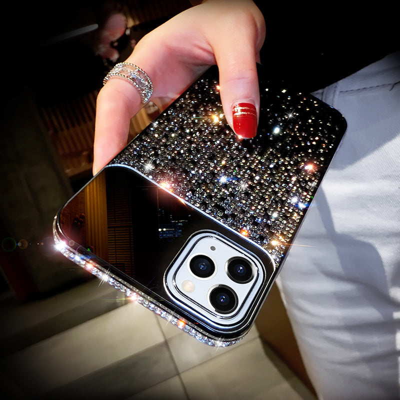 European And American Punk Gradient Rhinestone Makeup Mirror Phone Case For iPhone 14