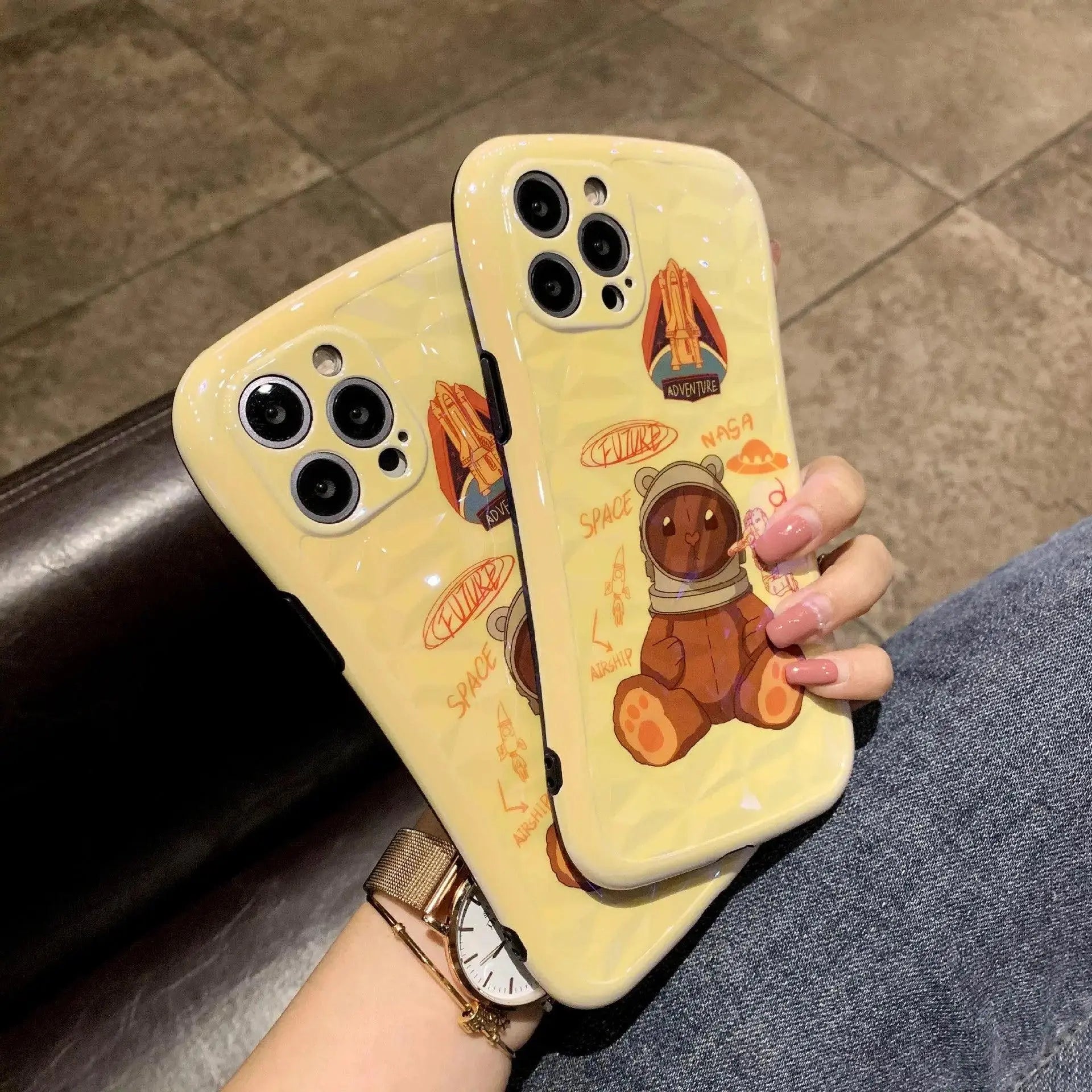 Cartoon Rocket Bear Diamond Pattern Small Waist Phone Soft Case - MyMobile