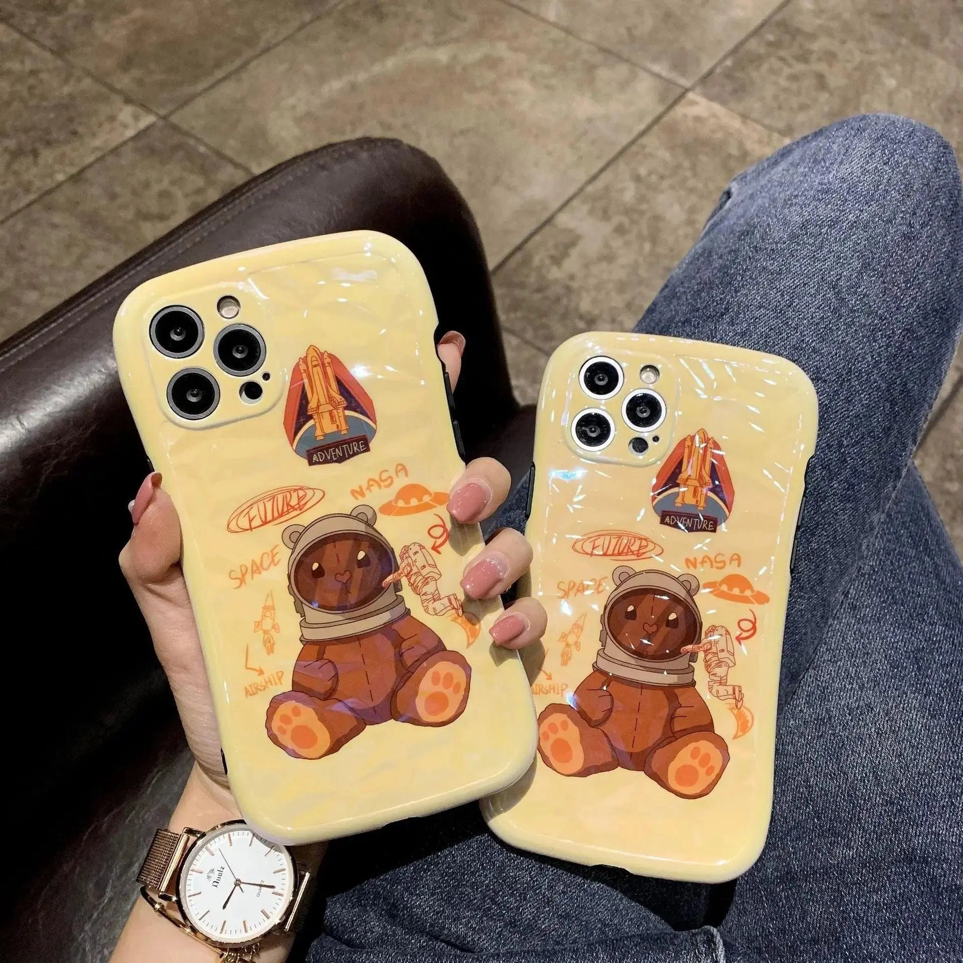 Cartoon Rocket Bear Diamond Pattern Small Waist Phone Soft Case - MyMobile