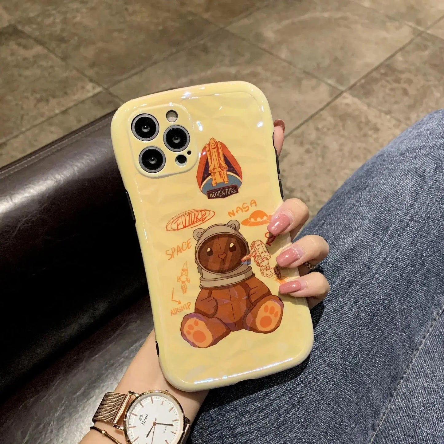 Cartoon Rocket Bear Diamond Pattern Small Waist Phone Soft Case - MyMobile