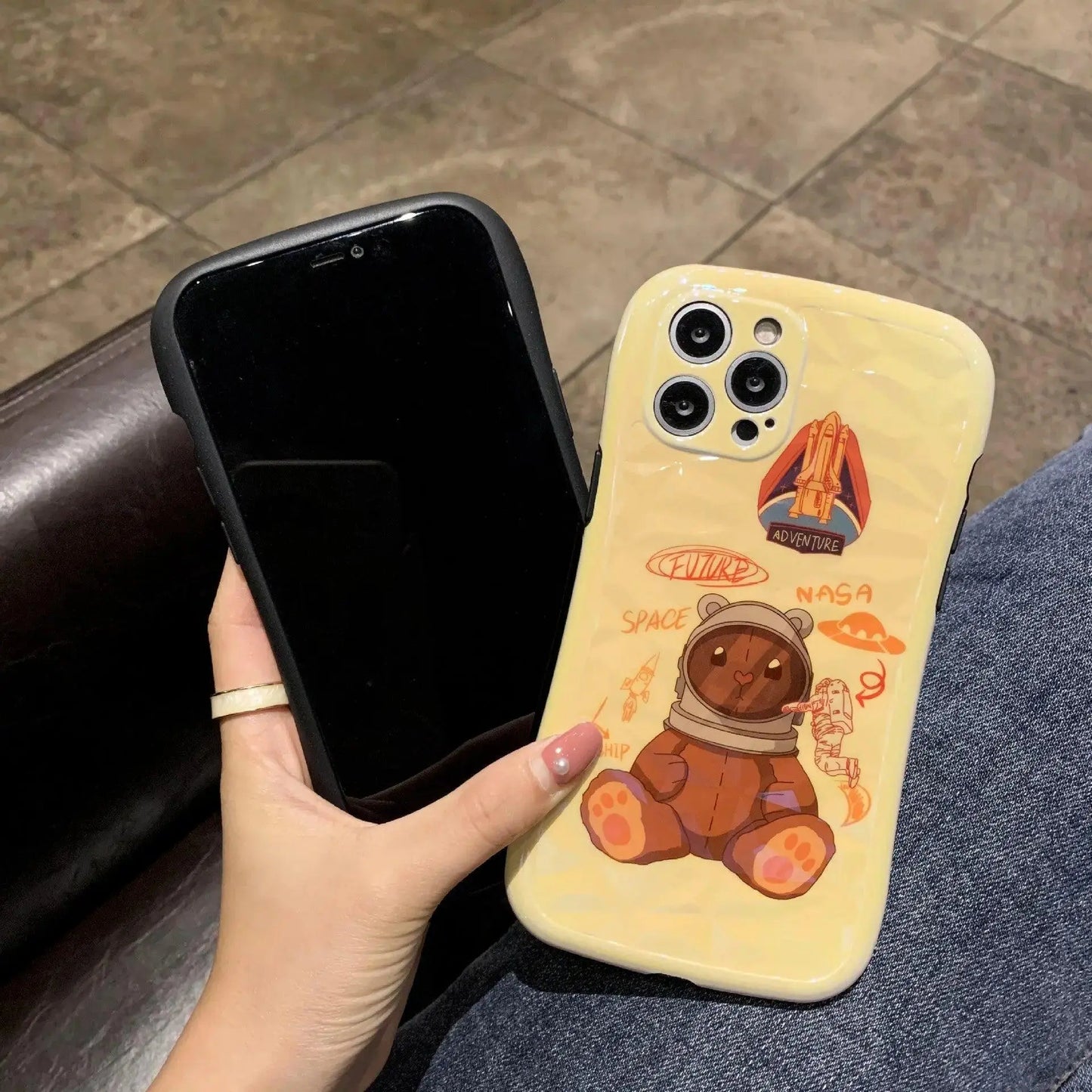 Cartoon Rocket Bear Diamond Pattern Small Waist Phone Soft Case - MyMobile