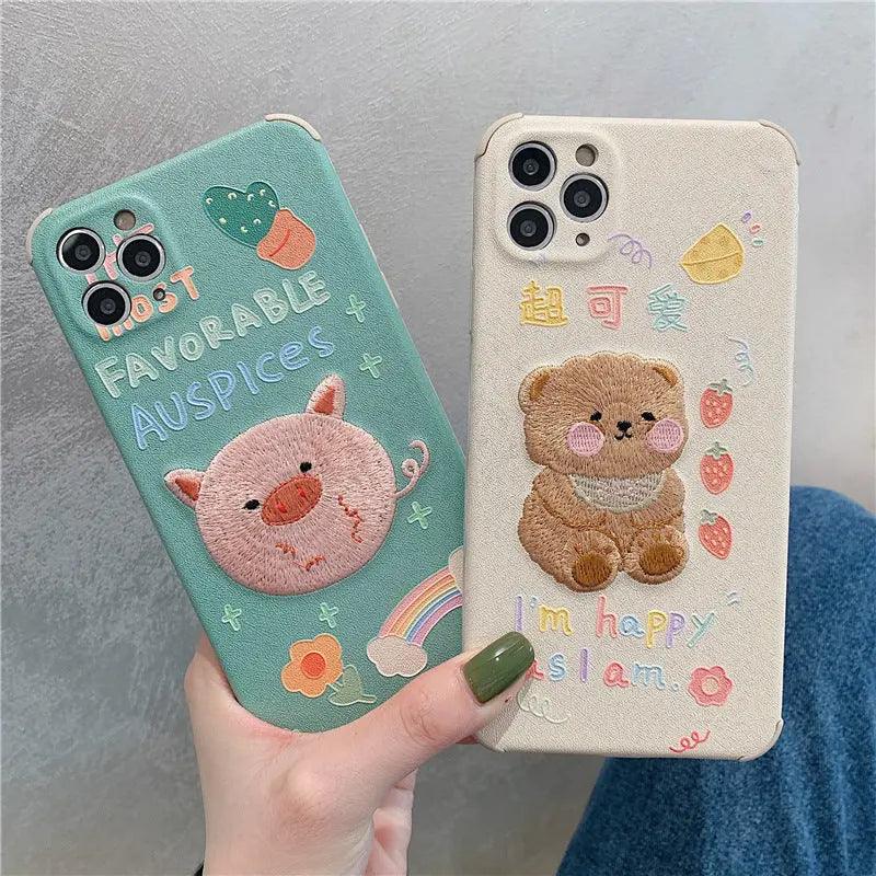 Compatible with Apple , Cute Cartoon Mobile Phone Case Exquisite Embroidery Mobile Phone Case Protective Cover Lens Protection - MyMobile