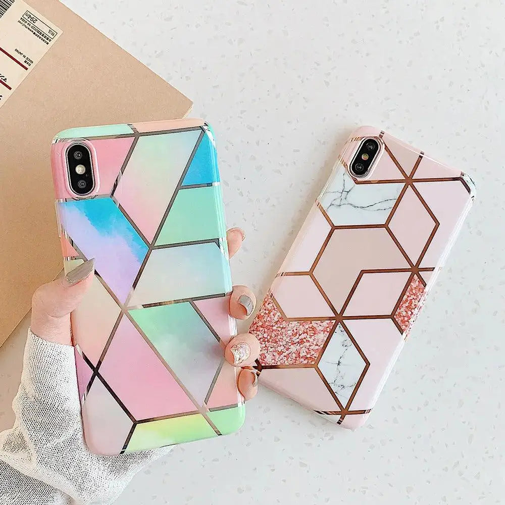 Compatible with Apple , Retro Geometric Marble Silicone Electroplated Mobile Phone Case - MyMobile