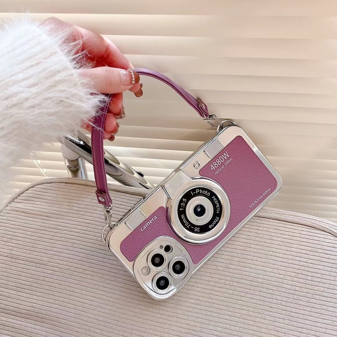 Creative Hand Strap Electroplating Camera Mobile Phone Case For iPhone 15 - MyMobile