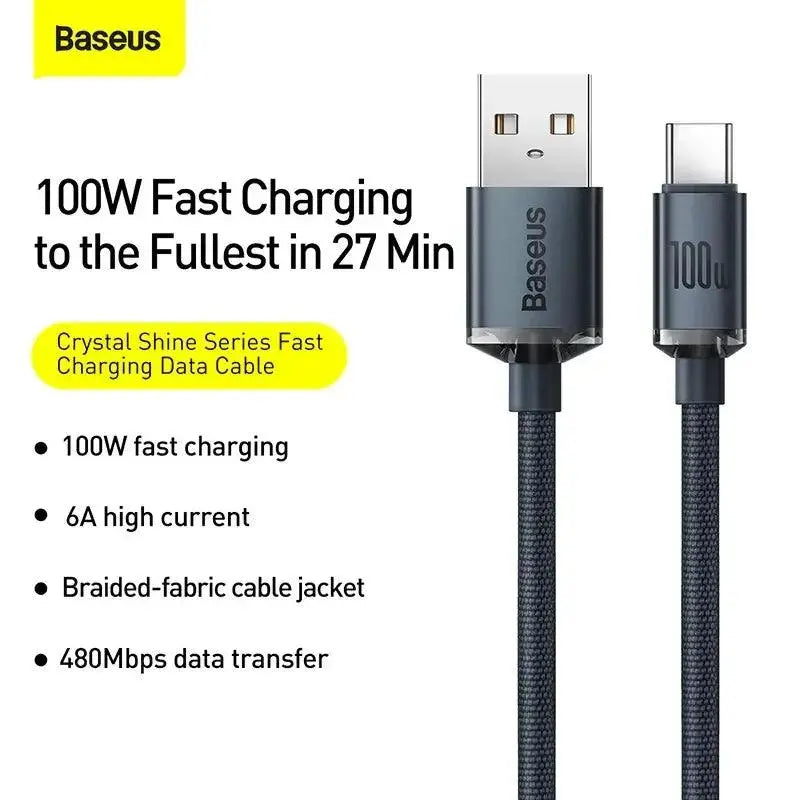 CW - FXP Baseus Crystal Shine Series Fast Charging Data Cable USB to Type - C 100W 1.2m - Black - MyMobile