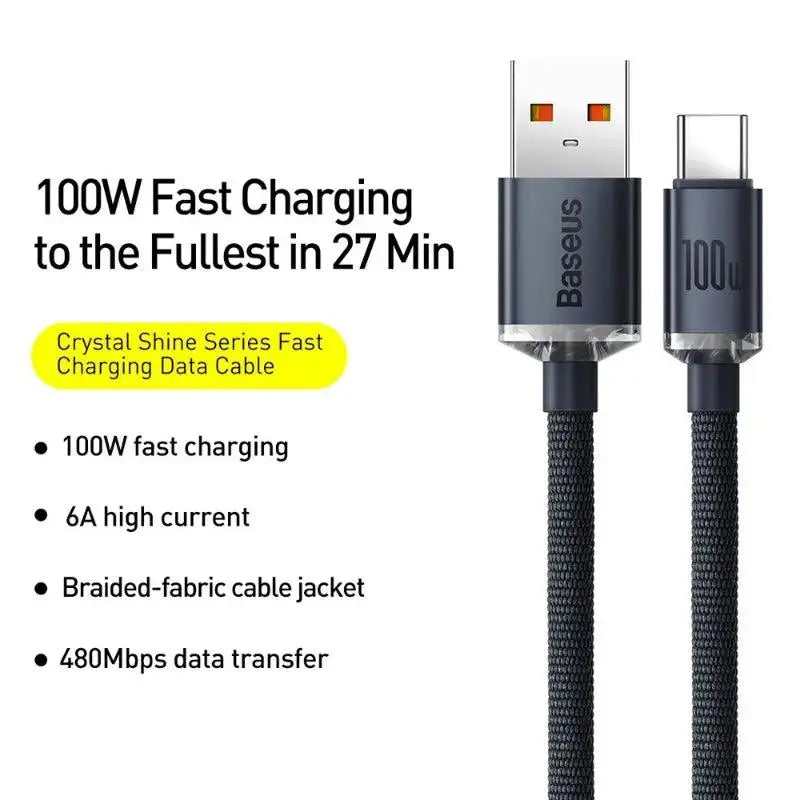 CW - FXP Baseus Crystal Shine Series Fast Charging Data Cable USB to Type - C 100W 2m - Black - MyMobile