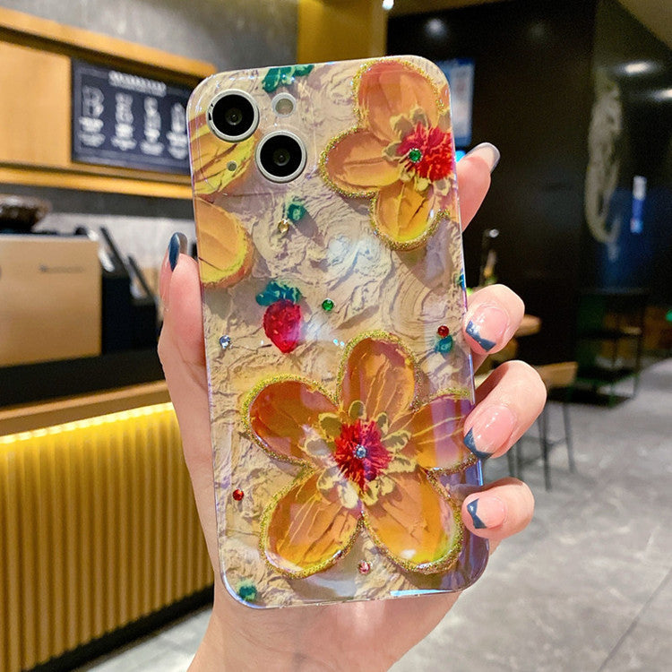 Mobile Phone Case Oil Painting Flower Blue Light Inlaid With Diamond Drop Glue Soft For iPhone 14