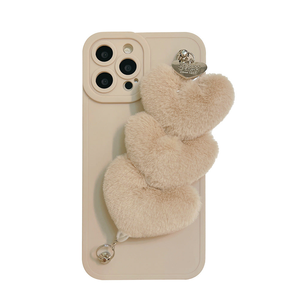 Plush Heart Wristband Silicone Phone Case For iPhone 15