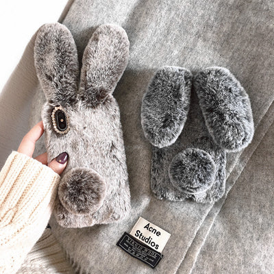 Simple Winter Warm Rabbit Plush Phone Case For iPhone 14