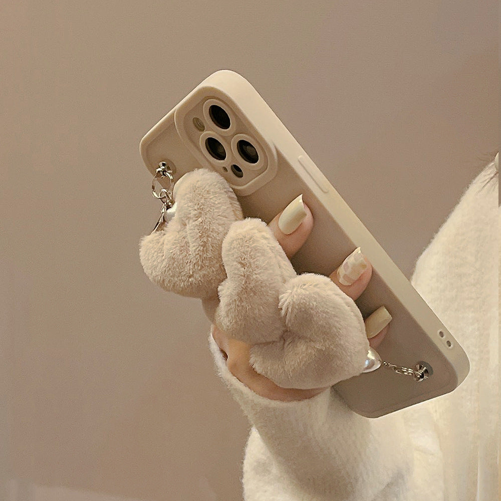 Plush Heart Wristband Silicone Phone Case For iPhone 15