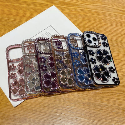 Fashion Plum Blossom Spot Drill Diamond Flower Plating TPU Phone Case For iPhone 16