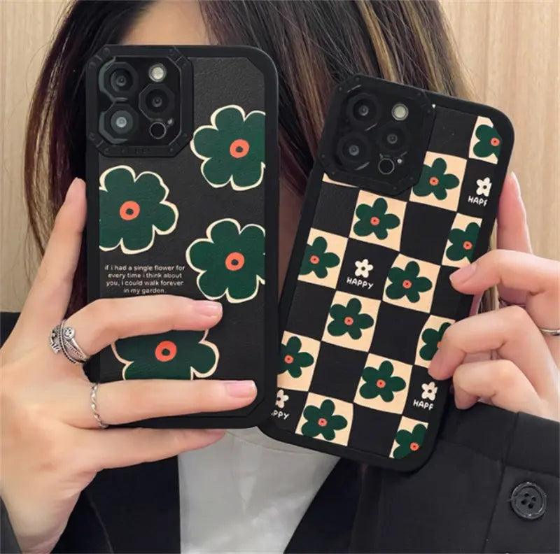 Retro Green Flower Checkerboard Lattice Phone Case Online Only