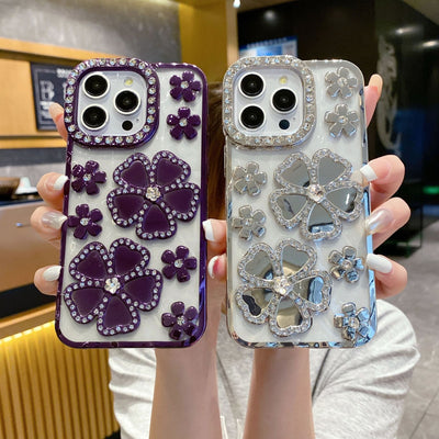 Fashion Plum Blossom Spot Drill Diamond Flower Plating TPU Phone Case For iPhone 16