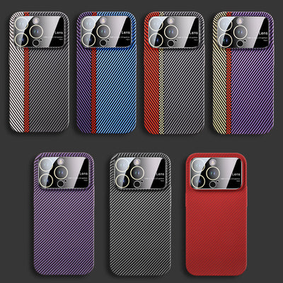 Magnetic Carbon Fiber Large Window Frosted Phone Case For iPhone 14