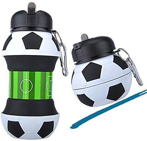 Football Soccer Silicone Water Bottle with Straw Foldable Collapsible Travel Non - toxic Bottles Innovating Camping - MyMobile