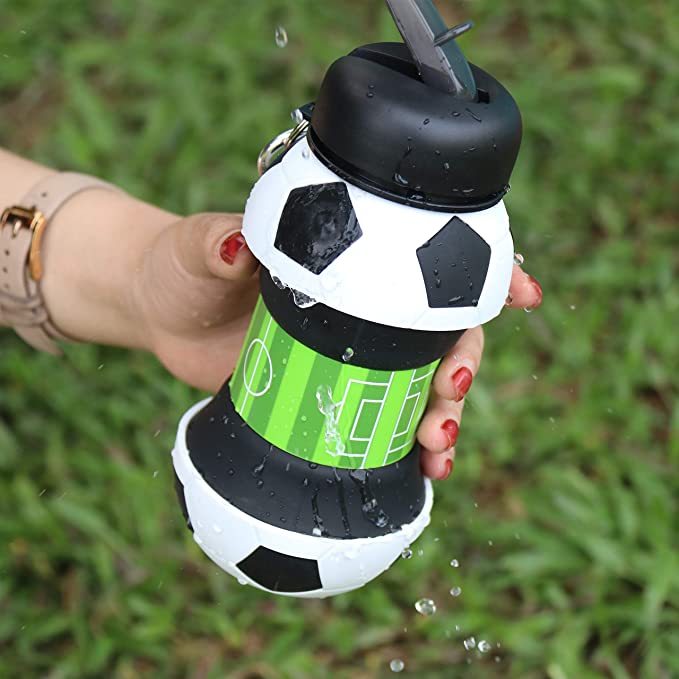 Football Soccer Silicone Water Bottle with Straw Foldable Collapsible Travel Non - toxic Bottles Innovating Camping - MyMobile