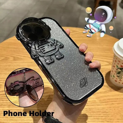 Glitter Astronaut Camera Stand Phone Case For IPhone 14 13 12 11 Pro Max XR 14 Plus Invisible Lens Bracket Plating Soft Cover - MyMobile