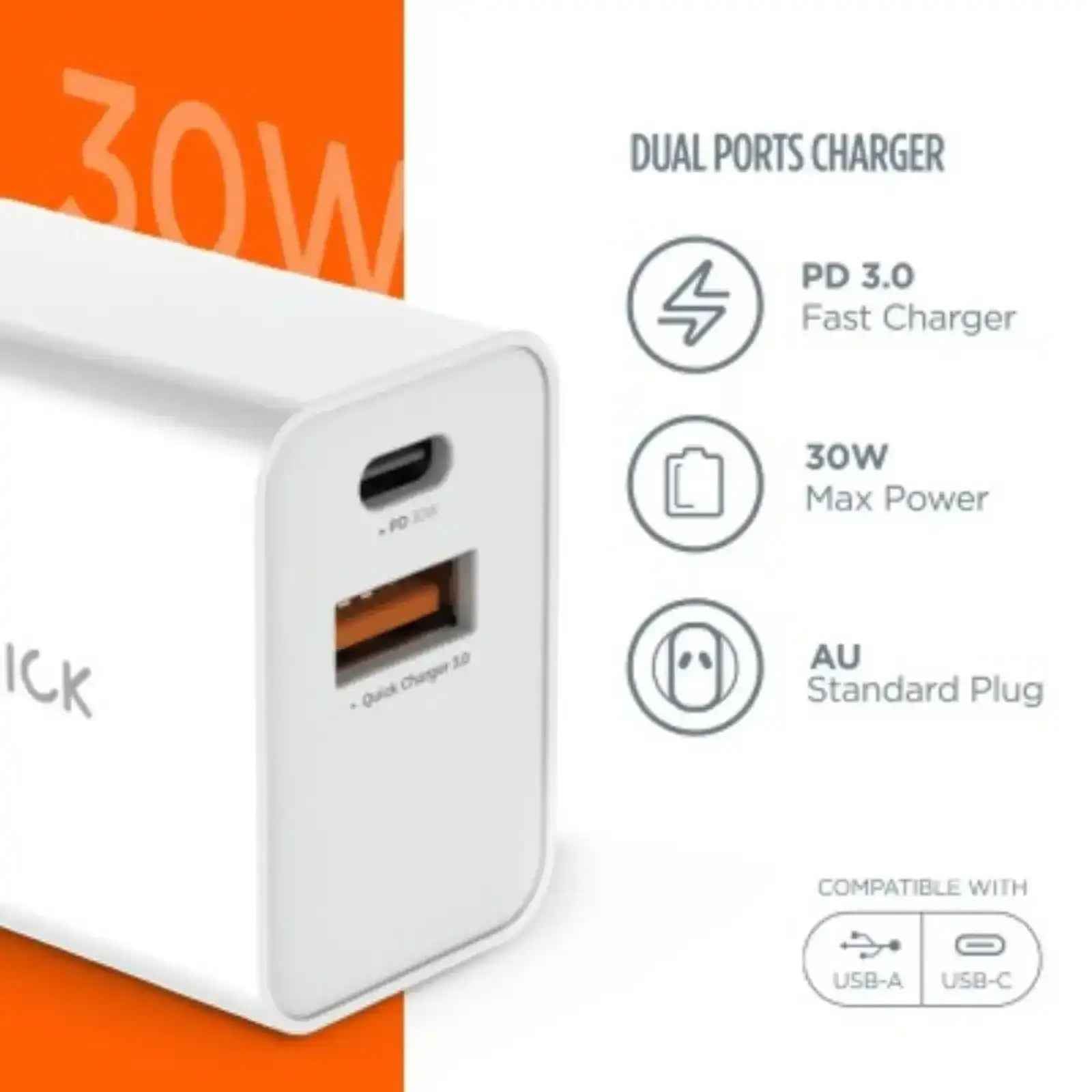 iQuick 30W PD3.0+QC3.0 Dual Ports Charging Adapter-White