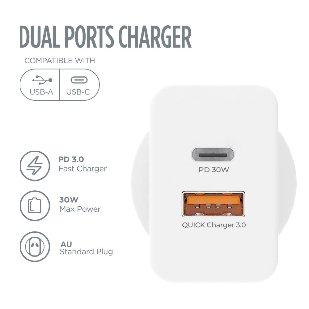 iQuick GaN II 30W PD3.0+QC3.0 Dual Ports Charging Adapter