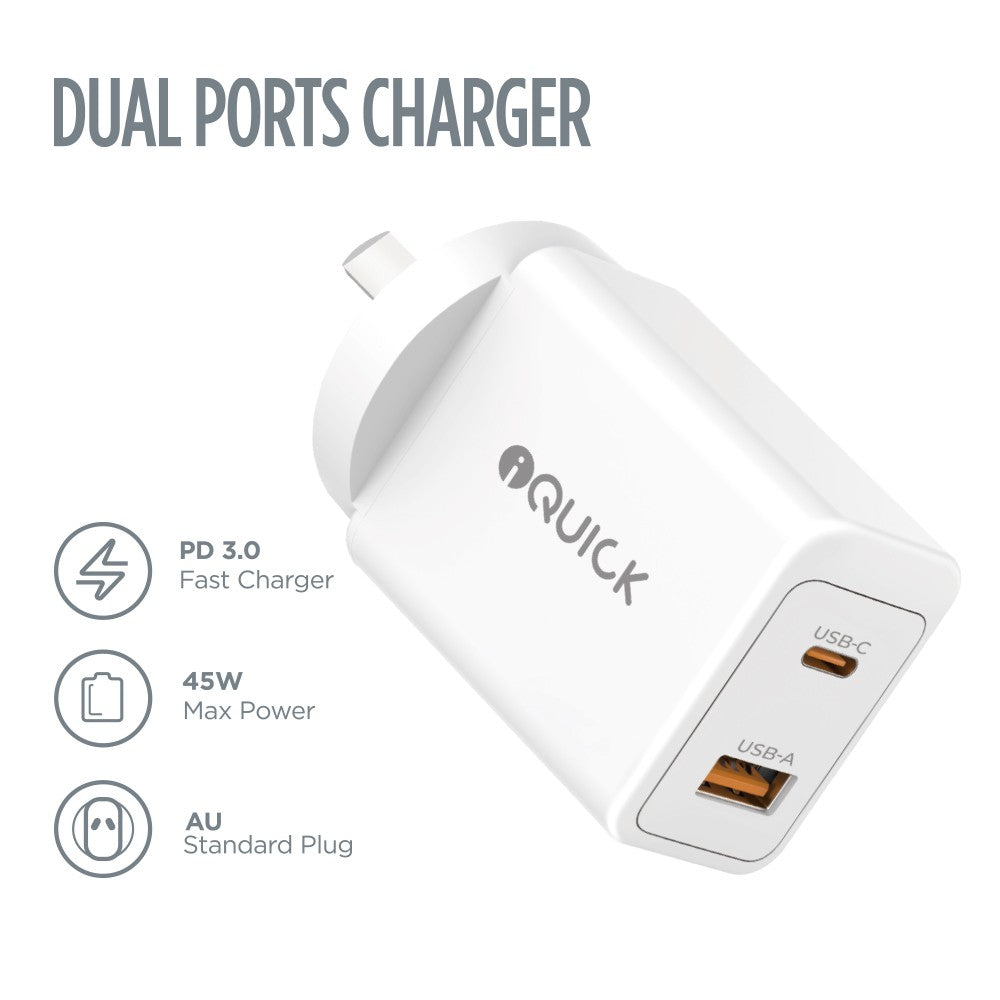 iQuick GaN II 45W PD3.0+QC3.0 Dual Ports Charging Adapter
