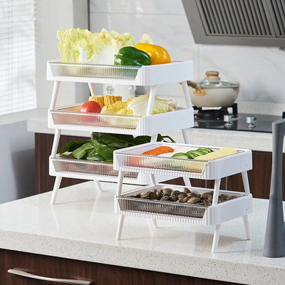 Kitchen Folding Storage Rack with Draining Basket Fruit Vegetable Storage Holder Stackable Shelf Space Saving Organizer - MyMobile