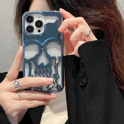 Luxury Plating 3D Skull Phone Case For I - Phone 14 Pro Max 13 12 11 Plus Breathable Glossy Hollow Out Gold Metallic Paint - MyMobile