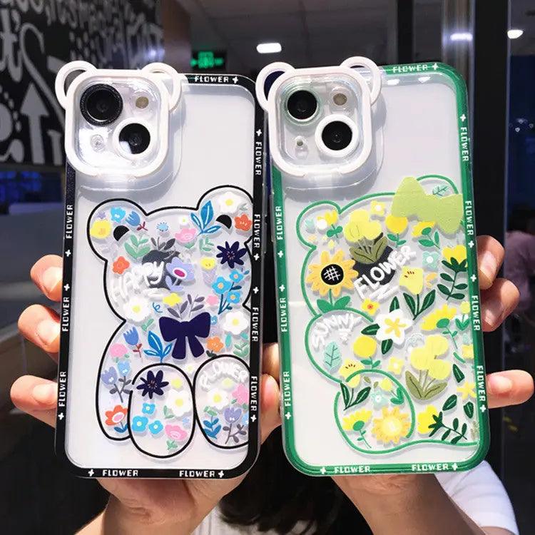 Mobile Phone Case Cute Cartoon Bear Flower Holder Painted New For iPhone 11, 12, 13, 14 - MyMobile