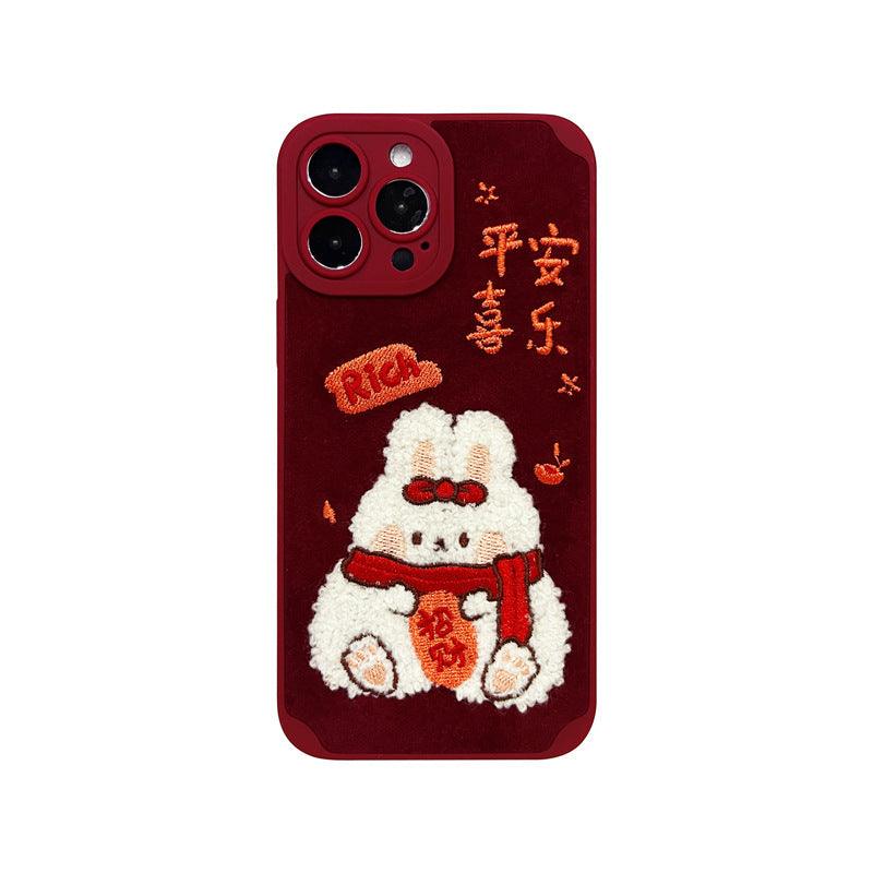 New Year Red Embroidery Charm Rabbit Phone Case For iPhone 12, 13, 14 - MyMobile