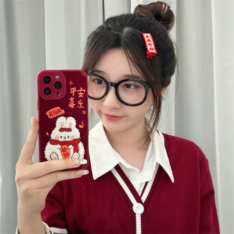 New Year Red Embroidery Charm Rabbit Phone Case For iPhone 12, 13, 14 - MyMobile