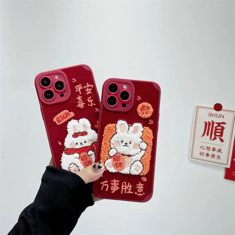 New Year Red Embroidery Charm Rabbit Phone Case For iPhone 12, 13, 14 - MyMobile