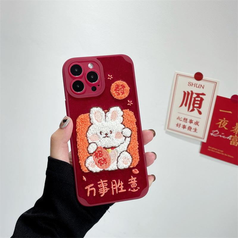 New Year Red Embroidery Charm Rabbit Phone Case For iPhone 12, 13, 14 - MyMobile