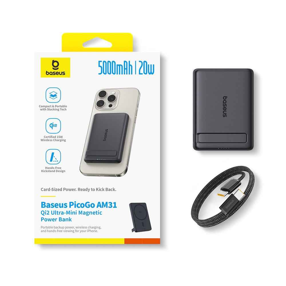 Baseus PicoGo AM31 Qi2 Ultra-Mini Magnetic Power Bank with Kickstand 5,000mAh 20W