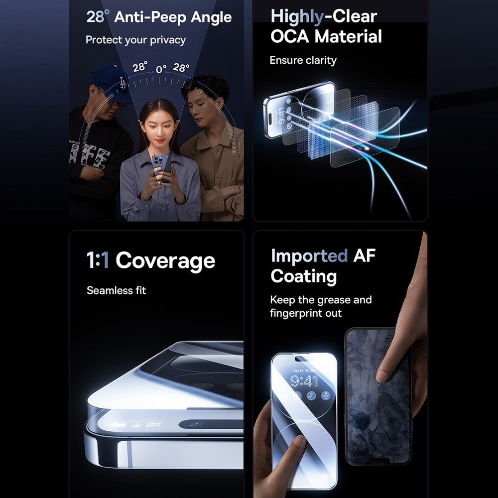 Baseus Sapphire Series Privacy Protection Tempered Glass Screen Protector (with Dust Filter) For iPhone 15 Pro Max