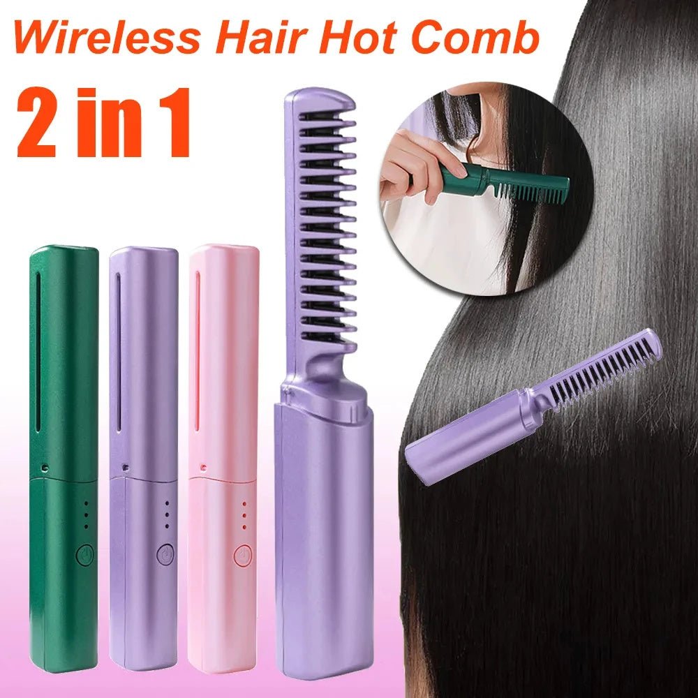 Professional Wireless Hair Straightener Curler Comb Fast Heating Negative Ion Straightening Curling Brush Hair Styling Tools - MyMobile