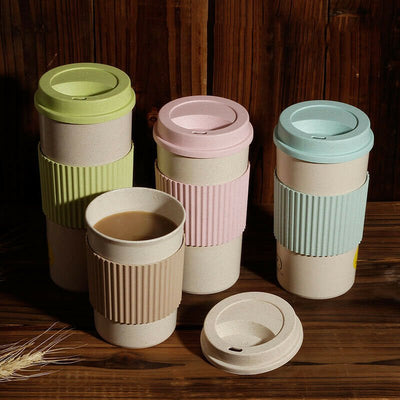 Reusable Coffee Tea Cup Random Color Wheat Straw Mug Coffee Cup with Lid Home Outdoor Water Bottle Travel Insulated Cup - MyMobile