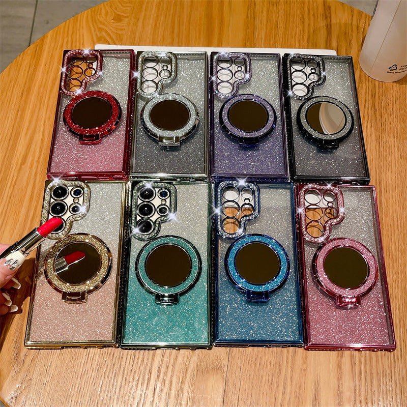 Rhinestone Glitter Magnetic Suction Mirror Bracket Drop - resistant Soft Case Phone Case For Samsung Galaxy S24 - MyMobile