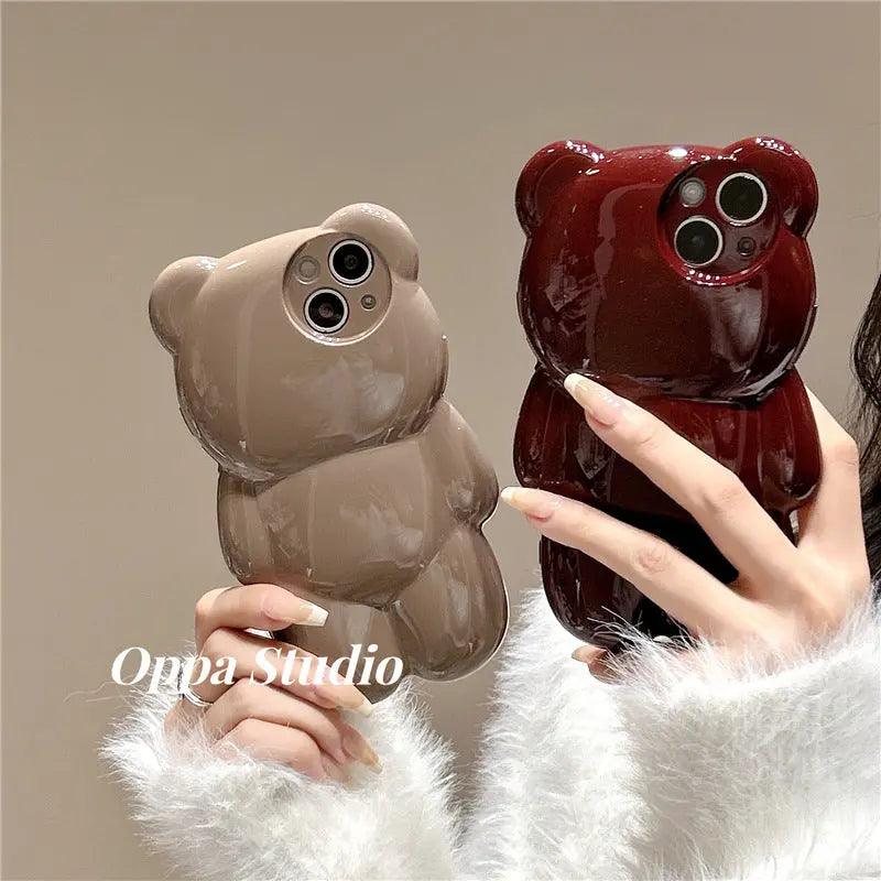 Solid Color Three - dimensional Bear Cute Anti - fall Cute New Anti - fall Phone Case For iPhone 12, 13, 14 - MyMobile