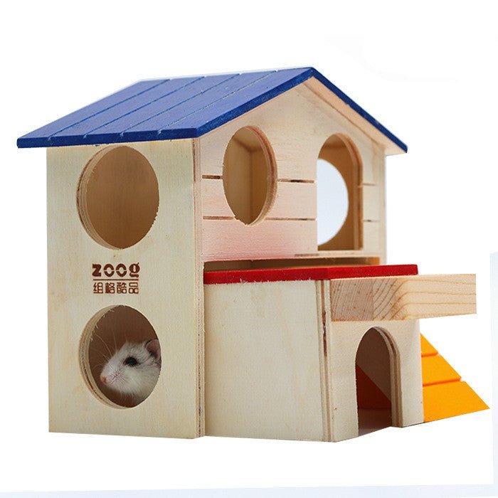 Wooden Hamster Toys Blue Top Villa Hamster Chalet Small Pet Toys Molar Decompression - MyMobile